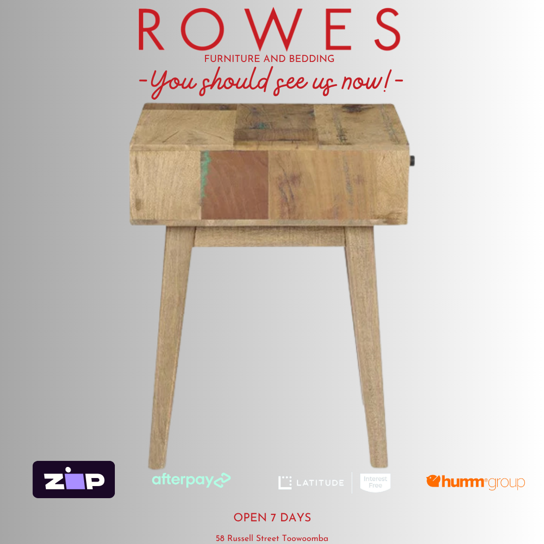 Wooden side table with 'Rowes' branding and payment options on a gray background