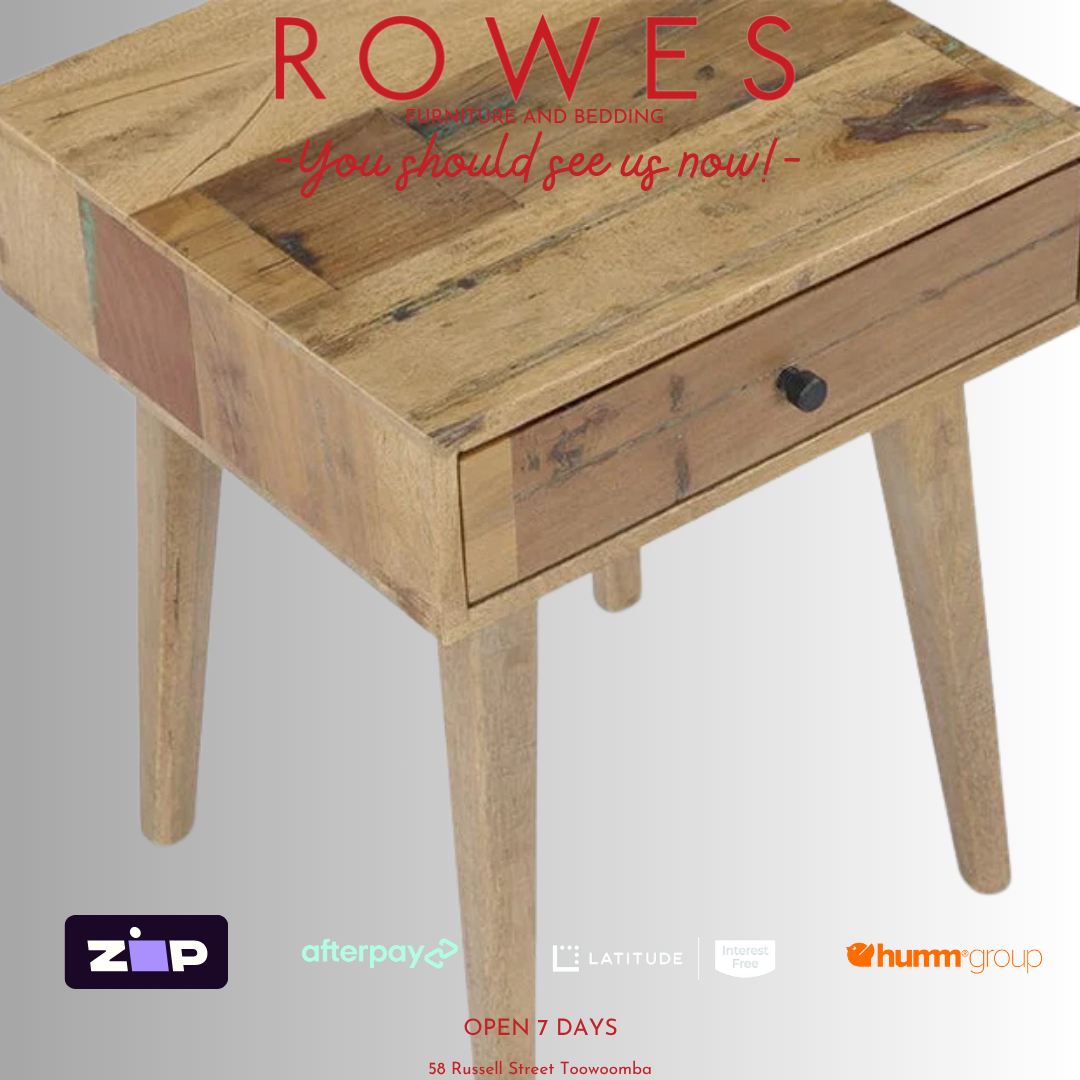 Wooden side table with 'Rowes' branding and payment options on a gray background
