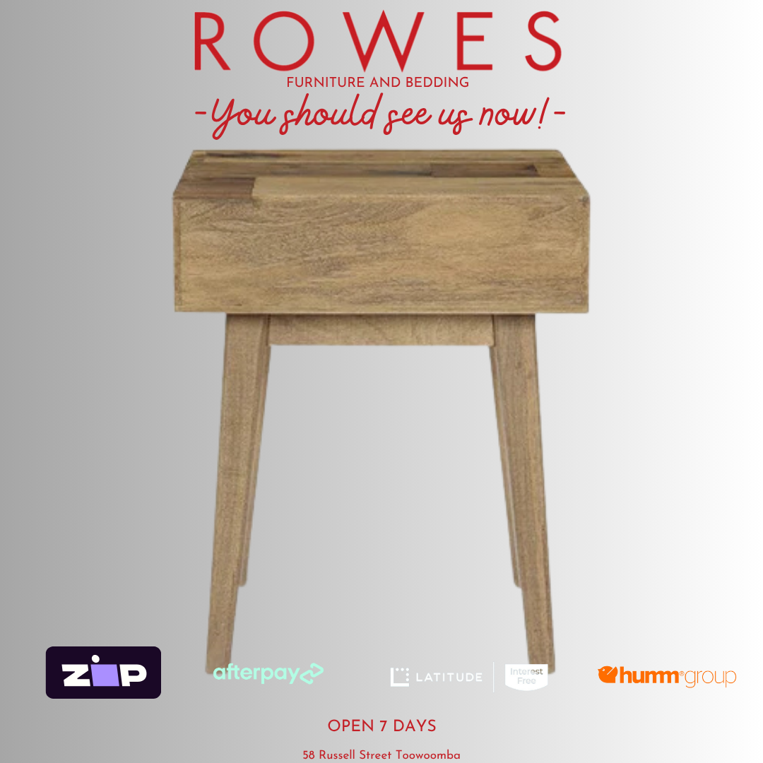 Wooden side table with 'Rowes Furniture and Bedding' text and logos on a gray background
