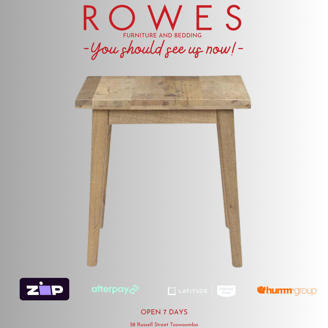 Wooden table on a gray background with 'Rowes' branding and payment options.