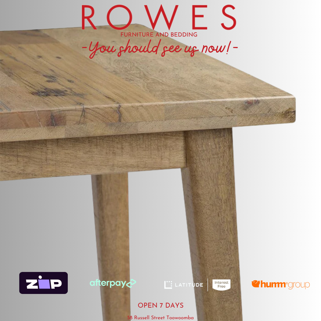 Wooden table with 'ROWES' branding and payment options on a white background