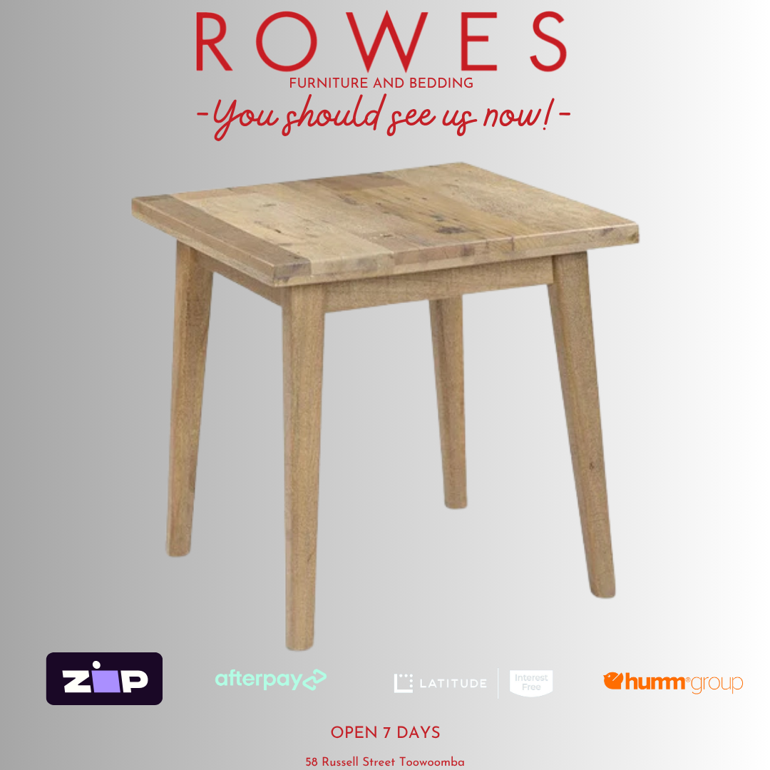 Wooden table on a gray background with 'Rowes Furniture and Bedding' text and logos.
