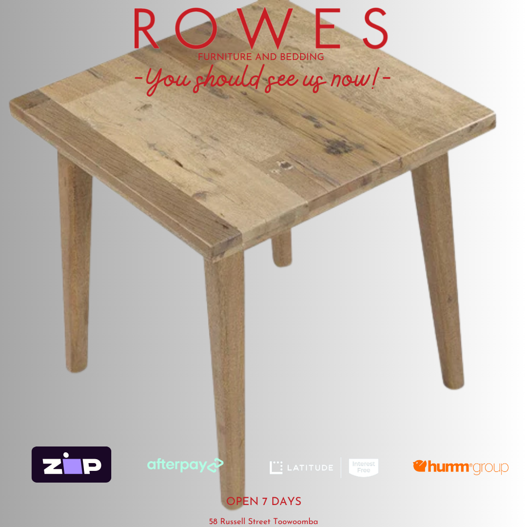 Wooden table with 'Rowes' branding and payment options on a gray background