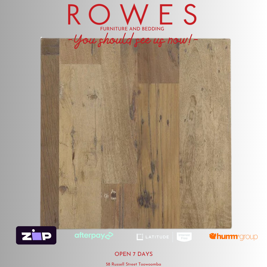 Wooden table top with 'Rowes' branding and payment options on a gray background