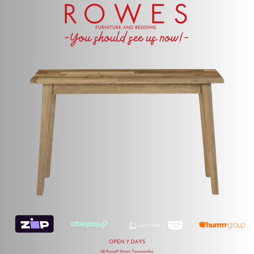 Wooden table on a gray background with 'ROWES' branding and payment options.