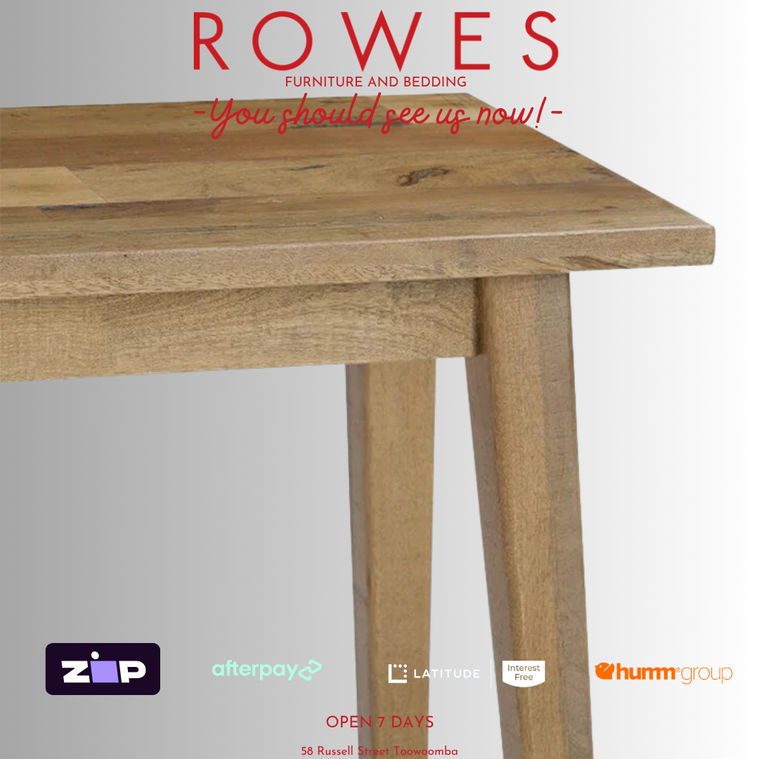 Wooden table with 'Rowes Furniture and Bedding' branding and payment options on a white background.