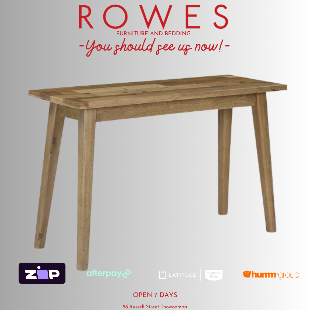 Wooden table on a gray background with 'Rowes' branding and contact information.