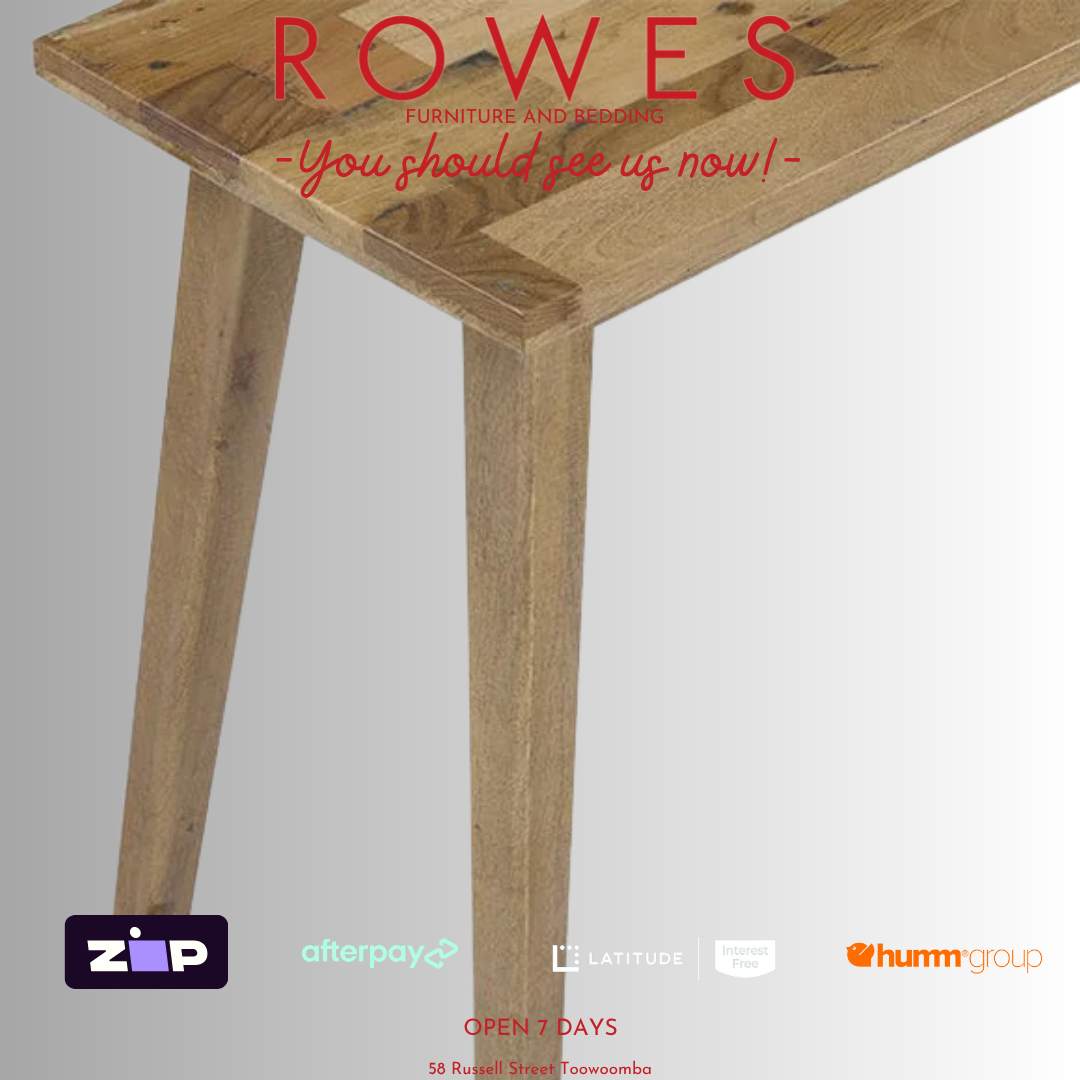 Wooden table with 'Rowes' branding and payment options on a gray background