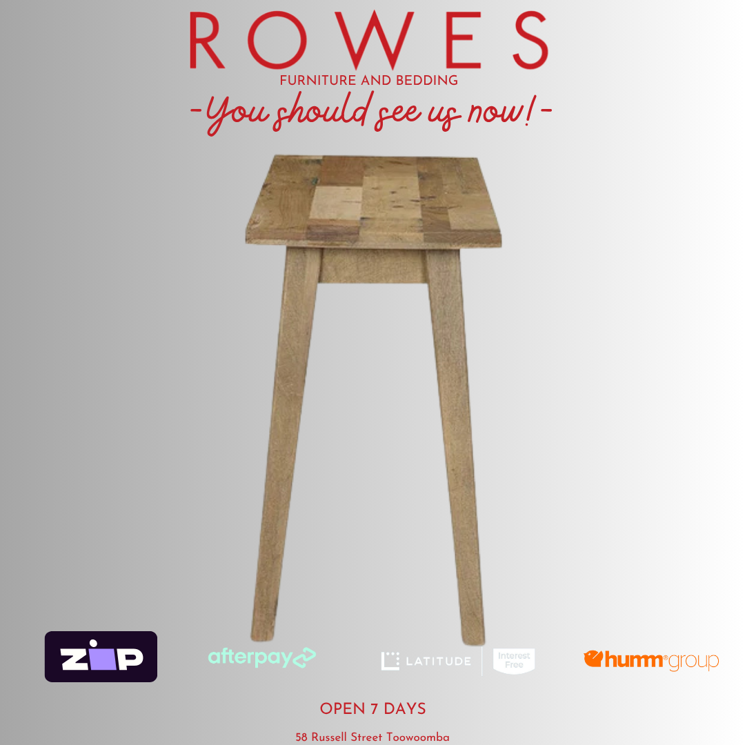 Wooden side table on a gray background with 'ROWES' branding and promotional text.