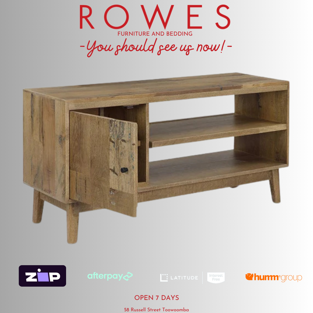 Wooden TV stand with 'Rowes Furniture and Bedding' text and logos on a gray background