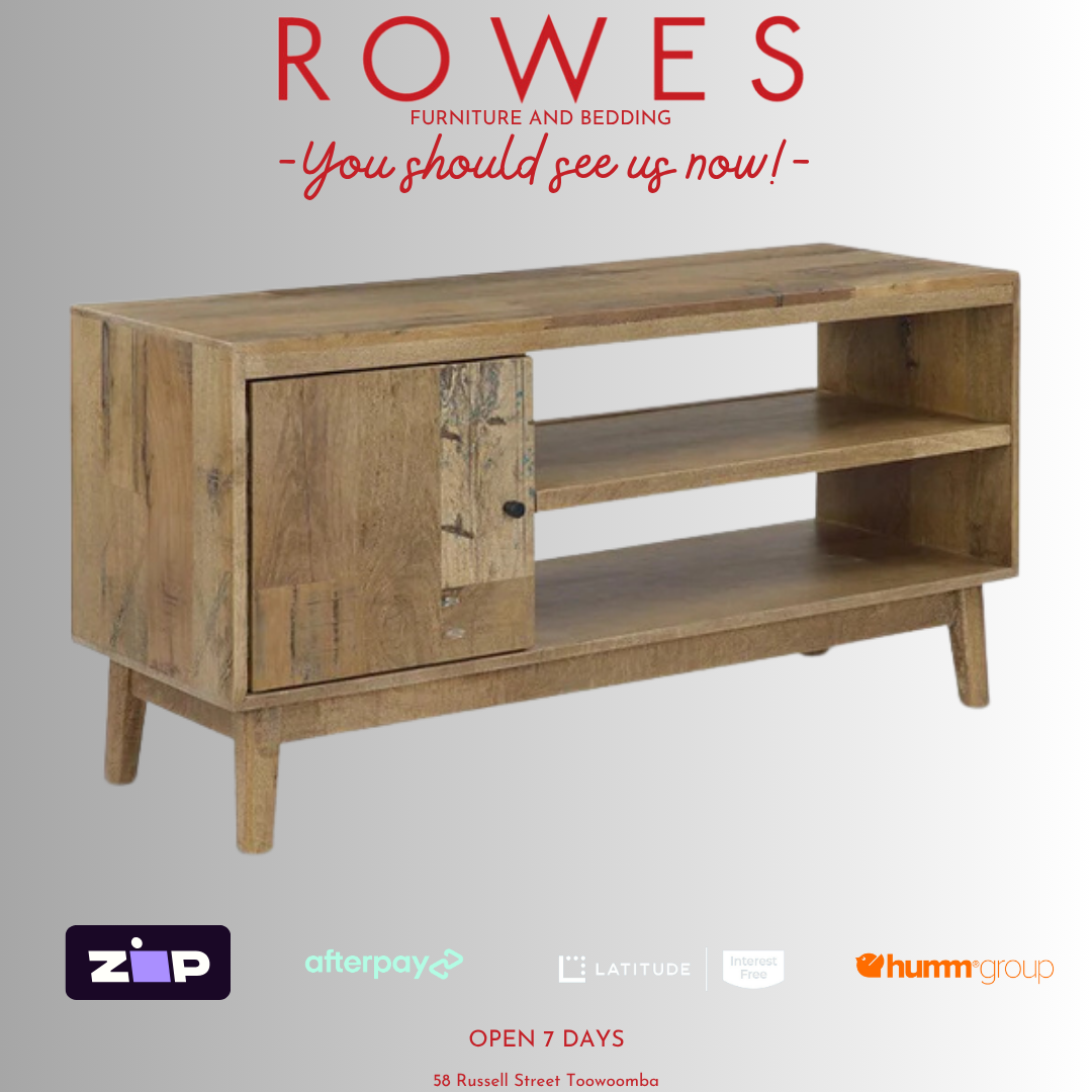 Wooden TV stand with 'Rowes Furniture and Bedding' text and logos on a gray background