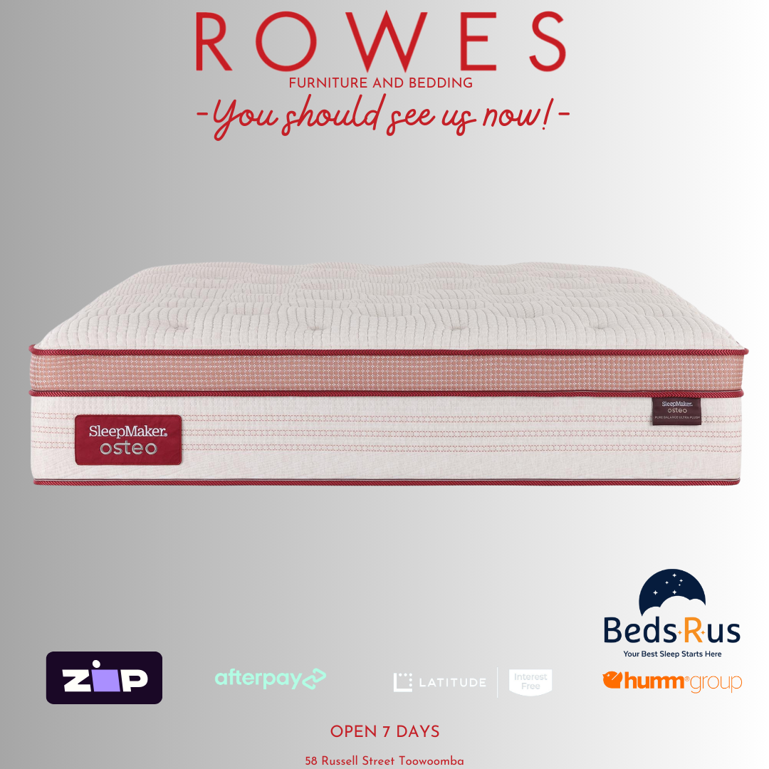 Mattress with SleepMaker Osteo branding on a gray background, featuring Beds R Us advertisement.