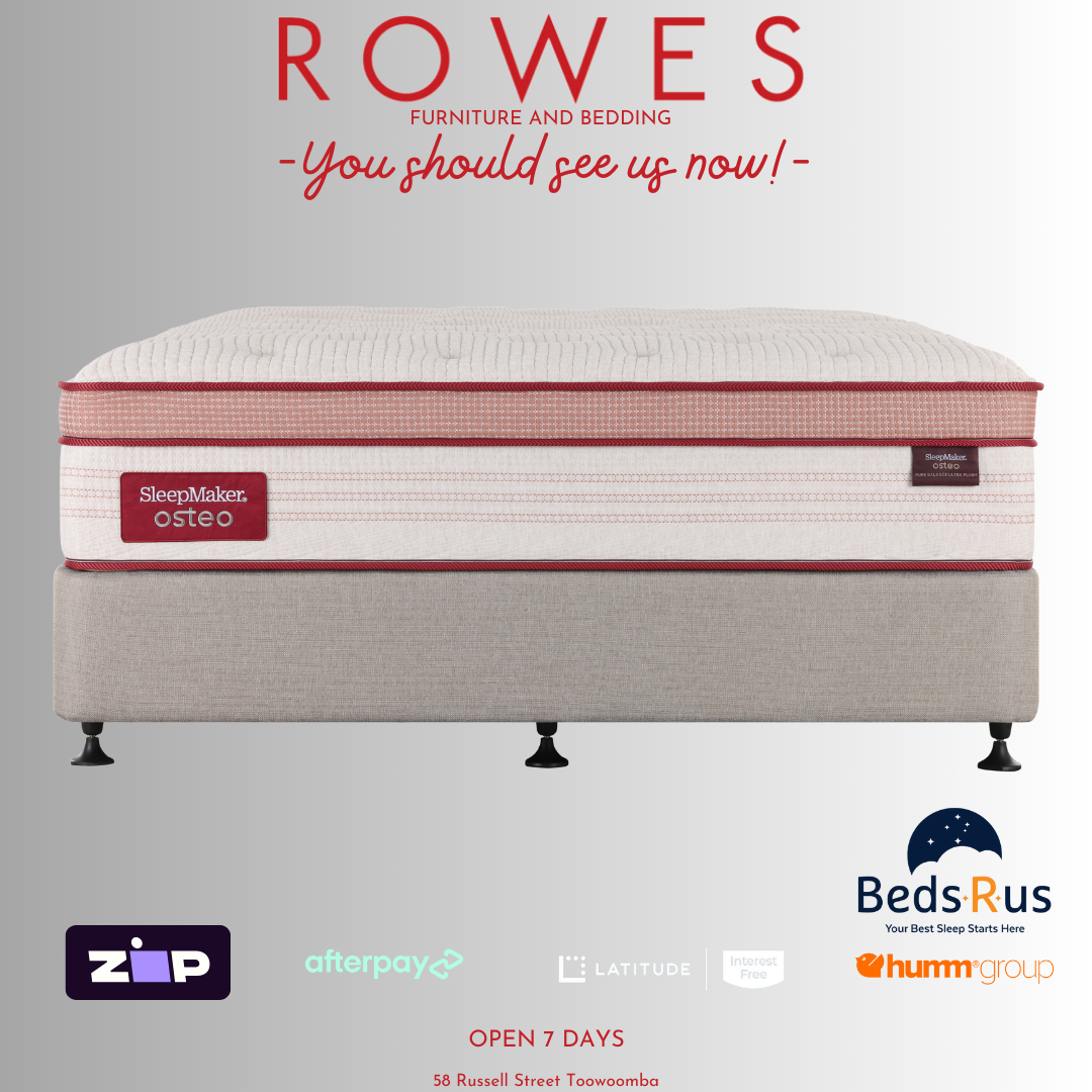 Mattress with SleepMaker Osteo branding on a gray background, featuring Beds R Us advertisement.