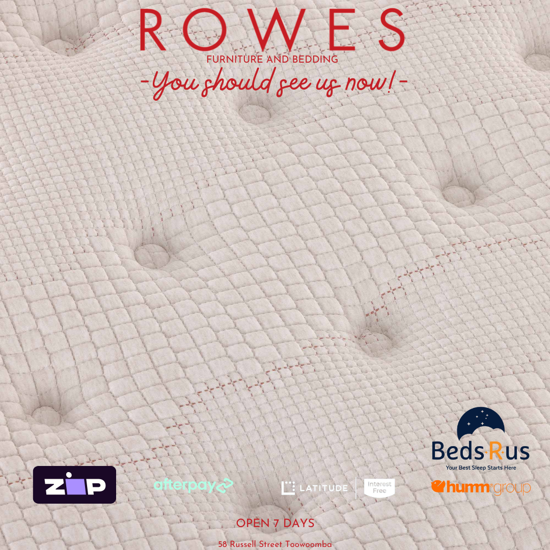 Mattress with 'Rowes Furniture and Bedding' text and various logos at the bottom.