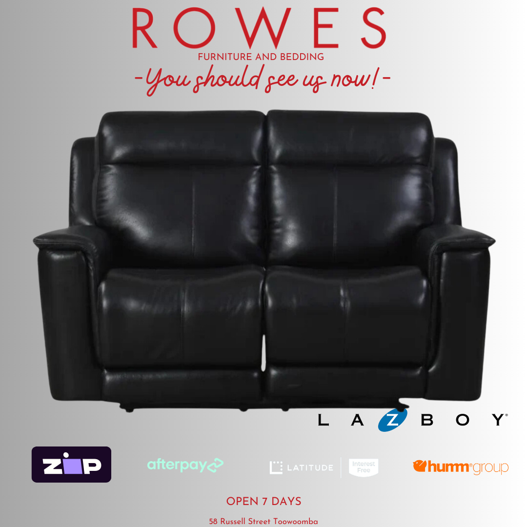 A black leather LaZboy 2 seat sofa on a grey background with Rowes branding.