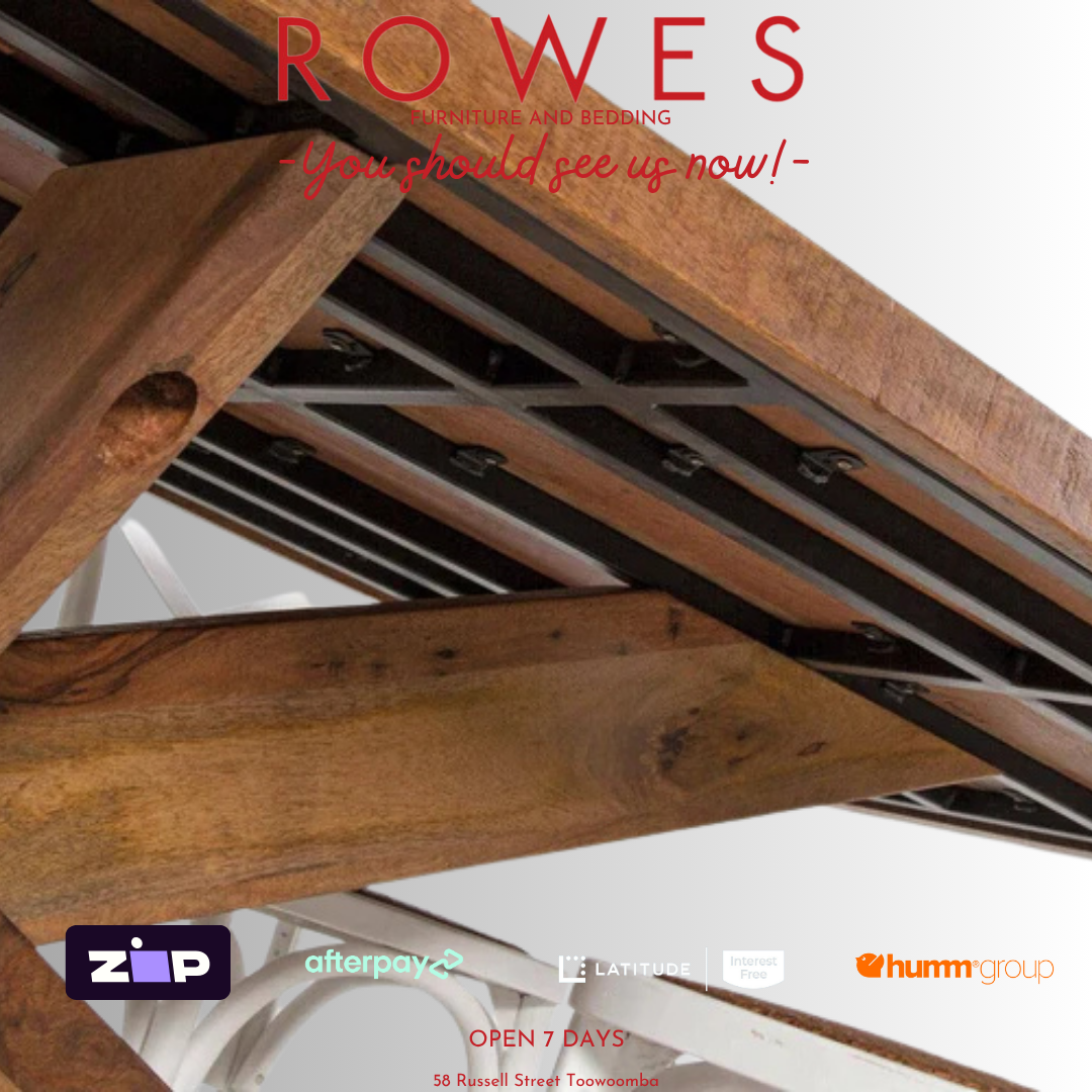 Wooden dining table frame with 'Rowes' branding and promotional text.