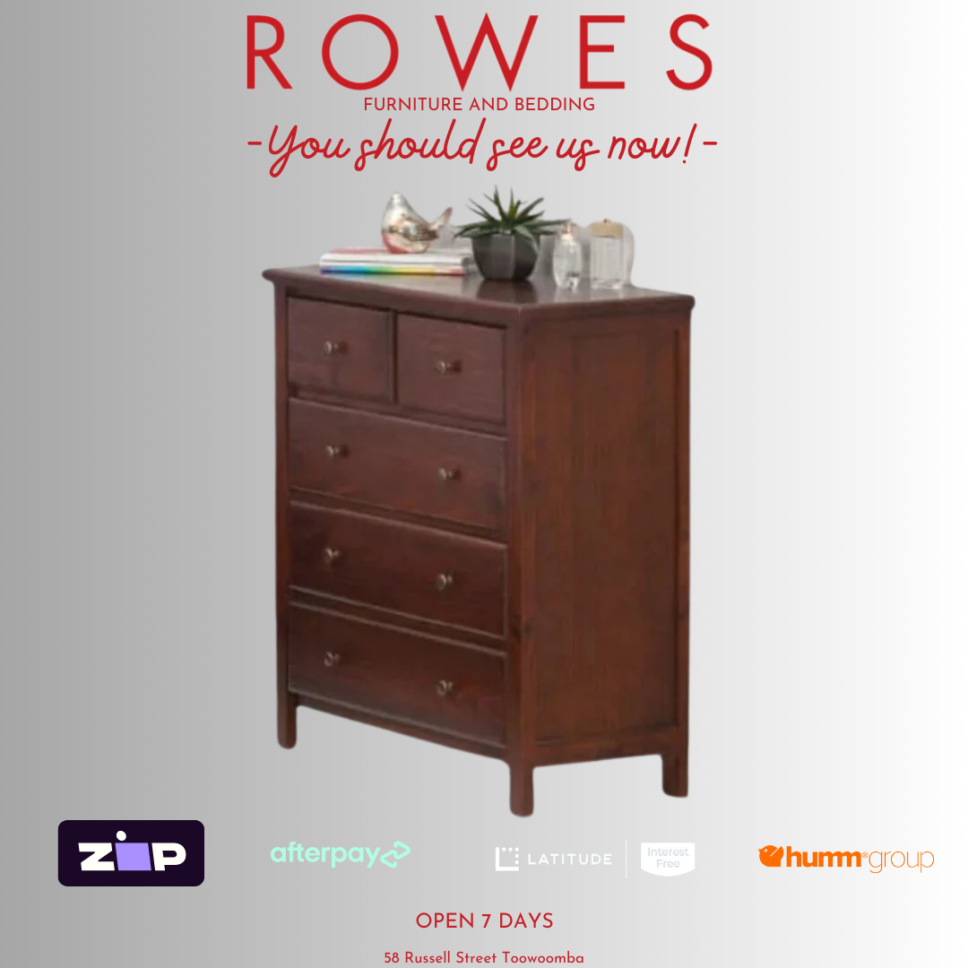 Wooden tallboy against a grey background with Rowes branding