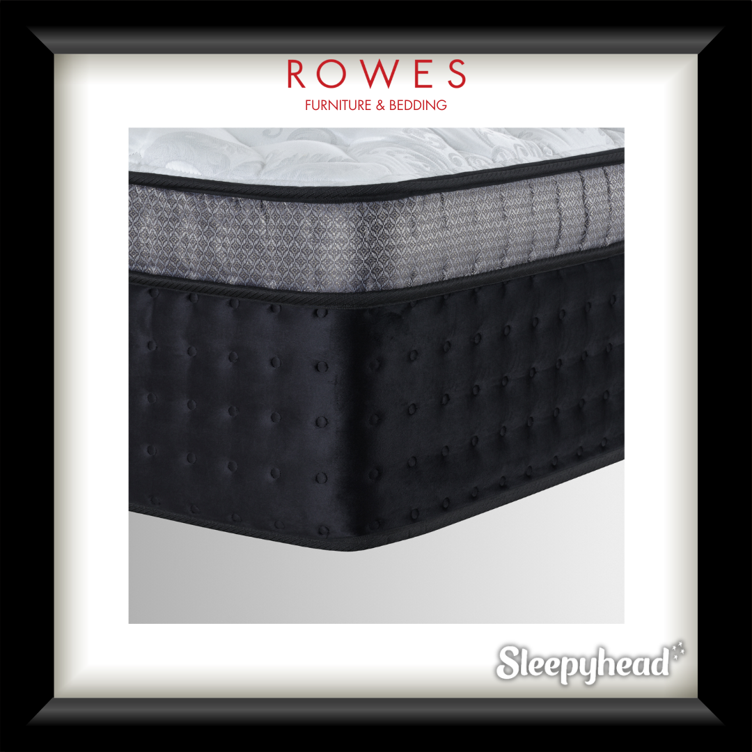 Black and gray mattress with 'Rowes Furniture & Bedding' and 'Sleepyhead' branding.