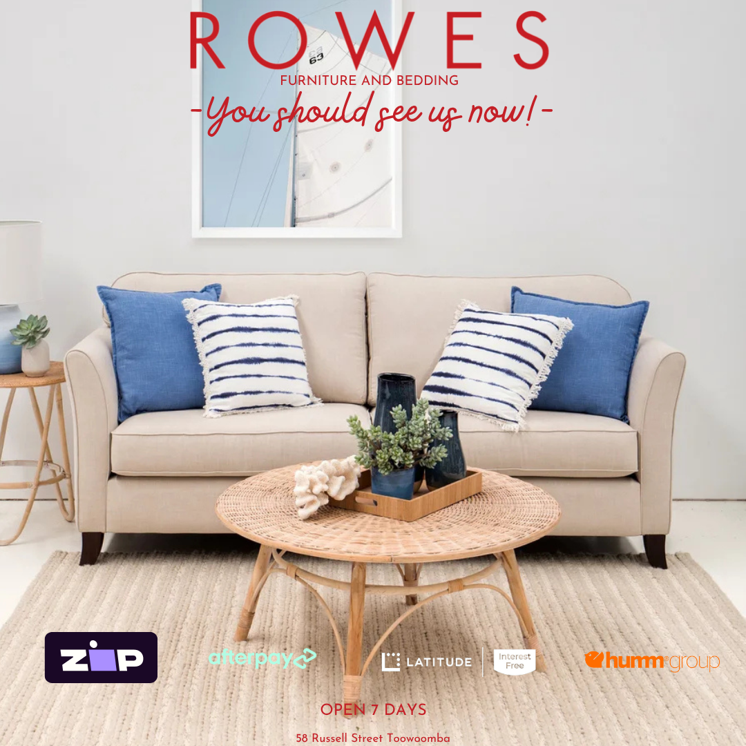 Advertisement for Rowes Furniture and Bedding with a beige sofa and decorative pillows.