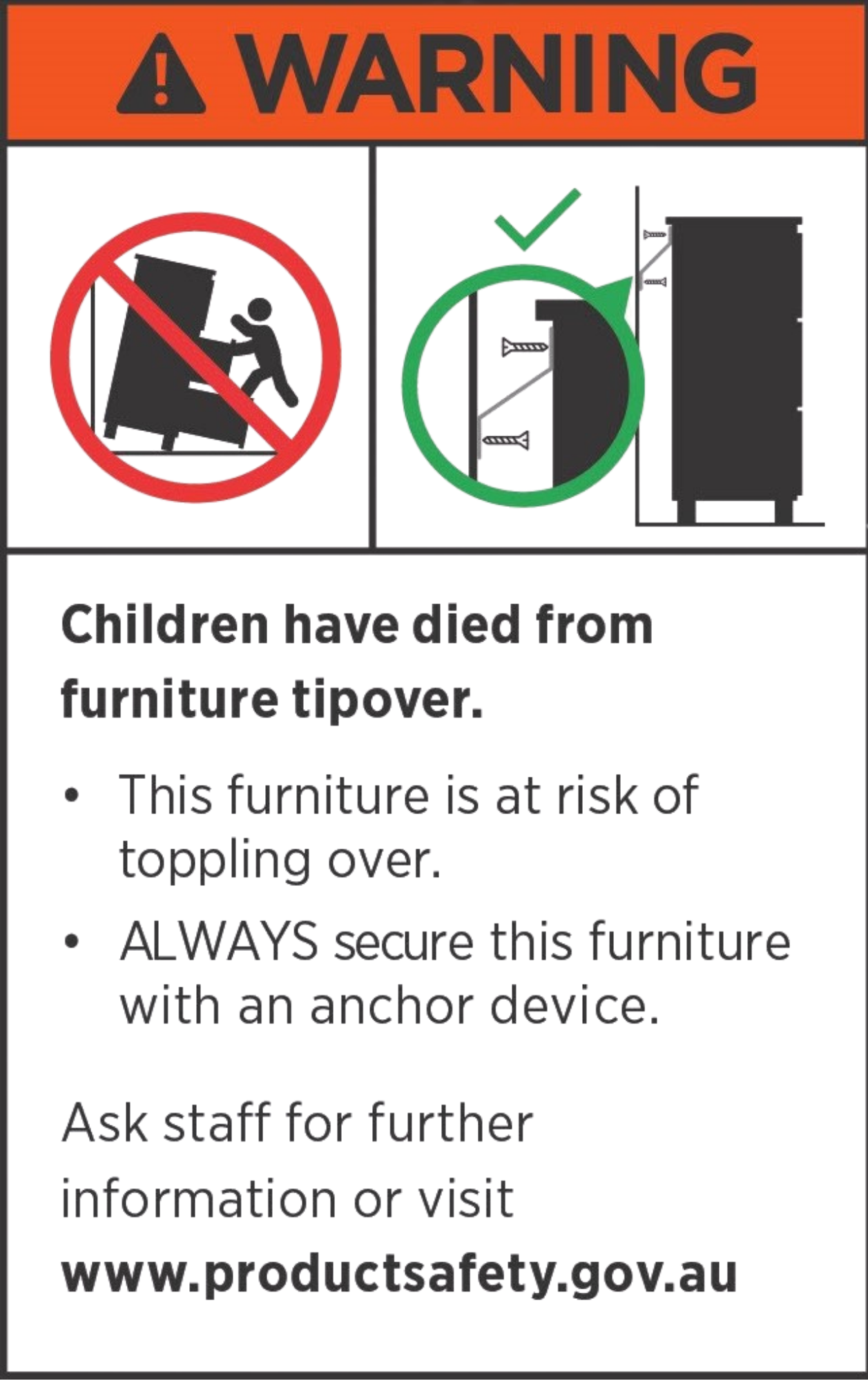Safety warning sign about furniture tipover risk with instructional graphics.