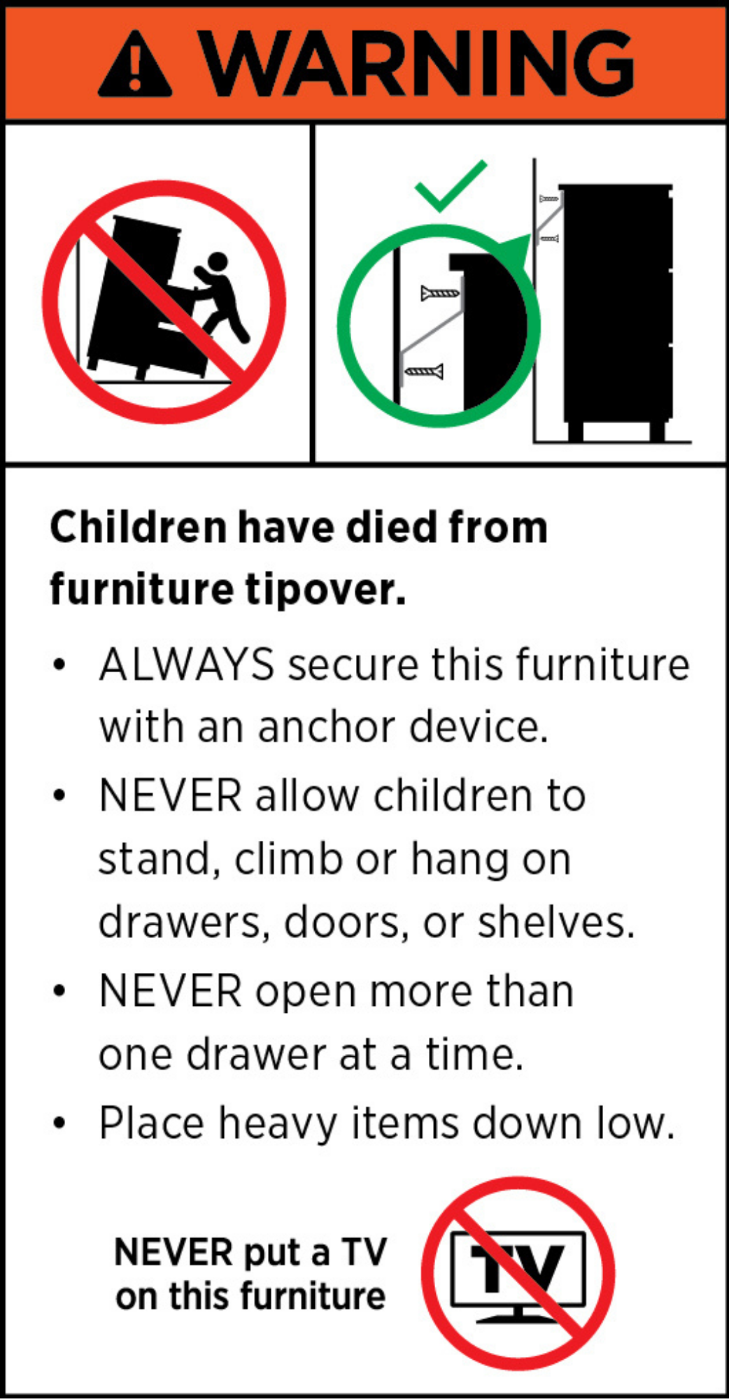 Safety warning label for furniture with instructions to secure it and protect children.