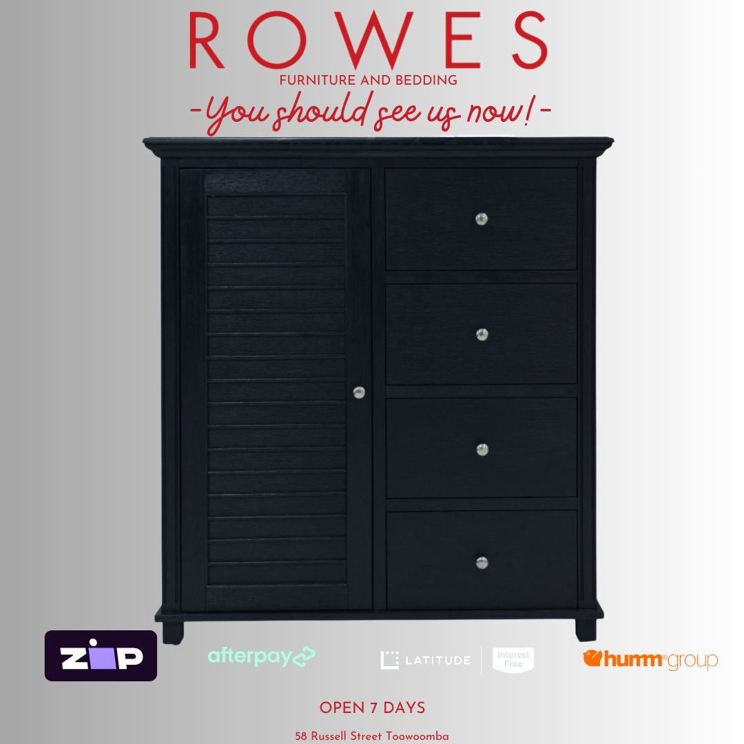 Black wooden tallboy with four drawers and one door against a grey background with Rowes branding.