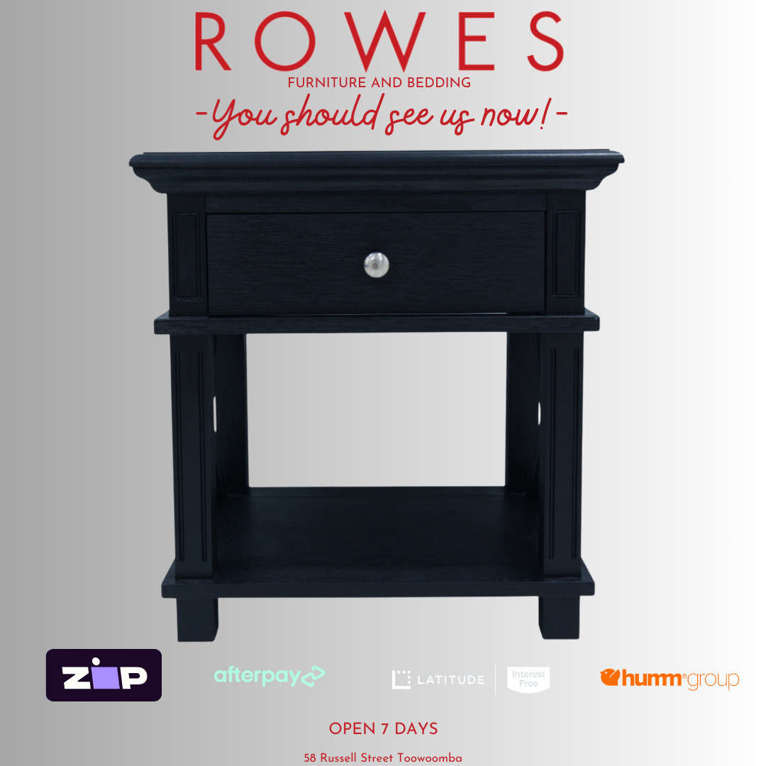 Black wooden bedside against a grey background and Rowes branding