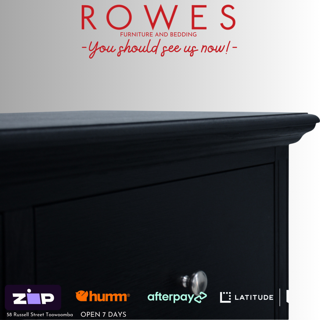 Black wooden bedside against a grey background and Rowes branding