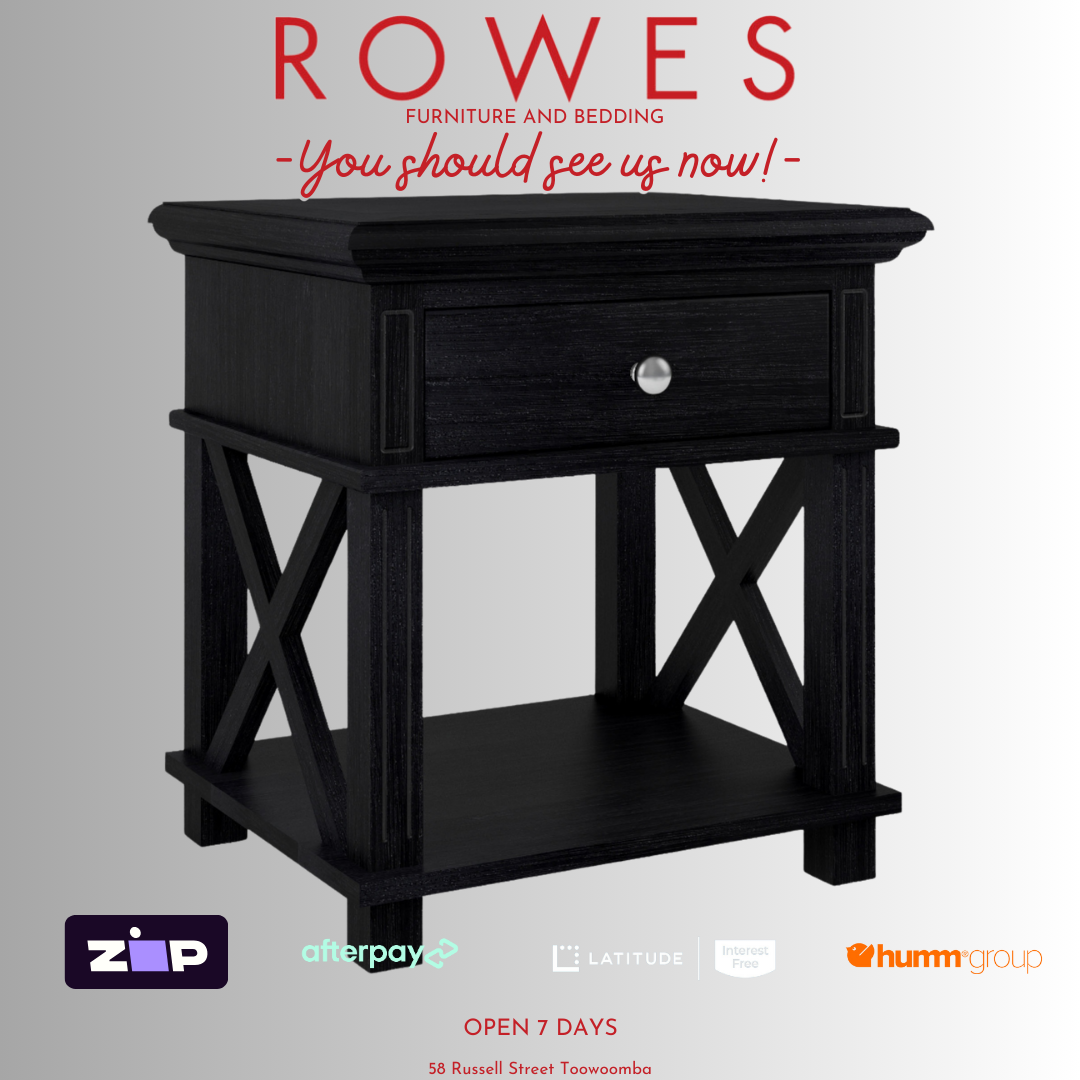 Black wooden bedside against a grey background and Rowes branding