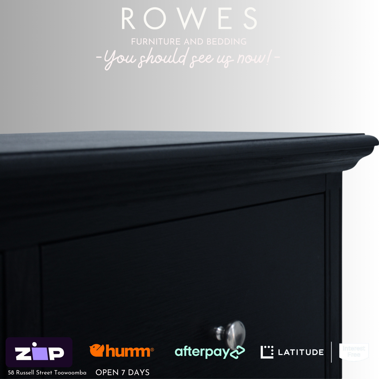 Black wooden tallboy with four drawers and one door against a grey background with Rowes branding.