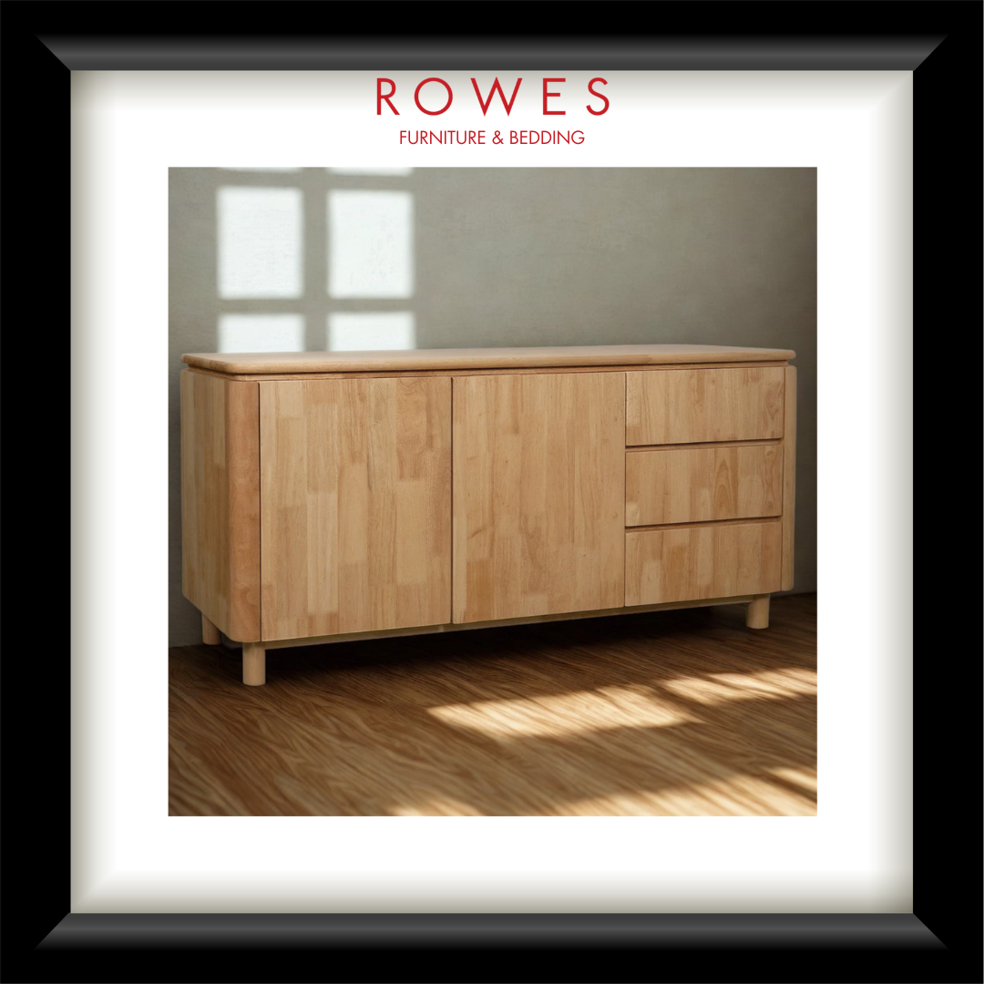Wooden dresser with 'Rowes Furniture & Bedding' logo in the corner.