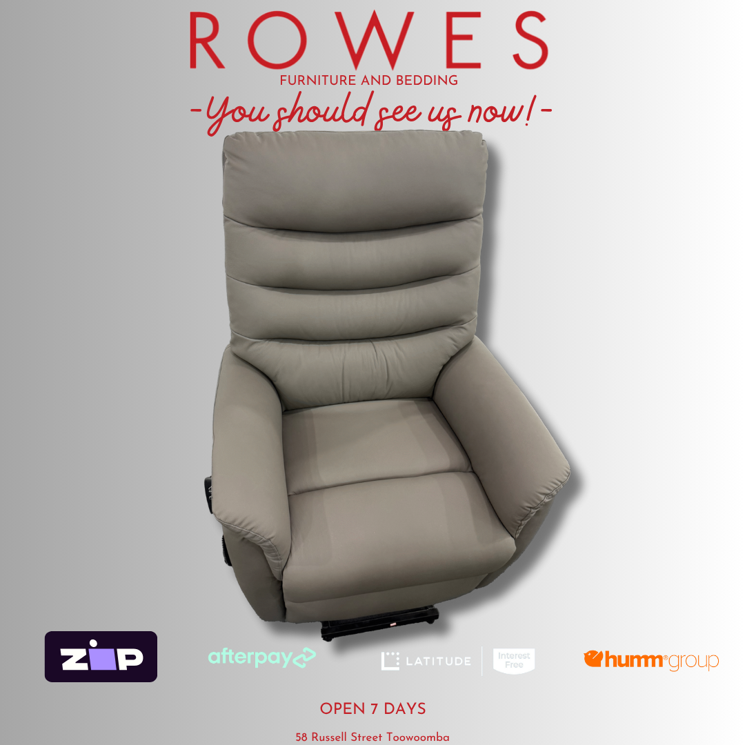 Beige recliner chair with 'Rowes' branding and payment options on a gray background