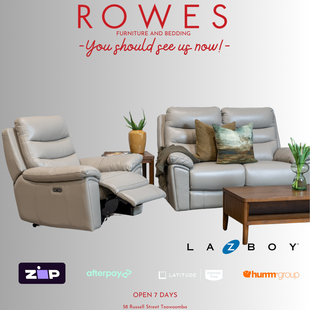 LaZboy leather lounge suite set against a grey background with Rowes branding