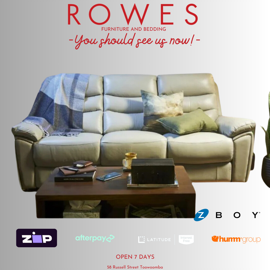 LaZboy 3 seat sofa with cushions set against a grey background and featuring Rowes branding