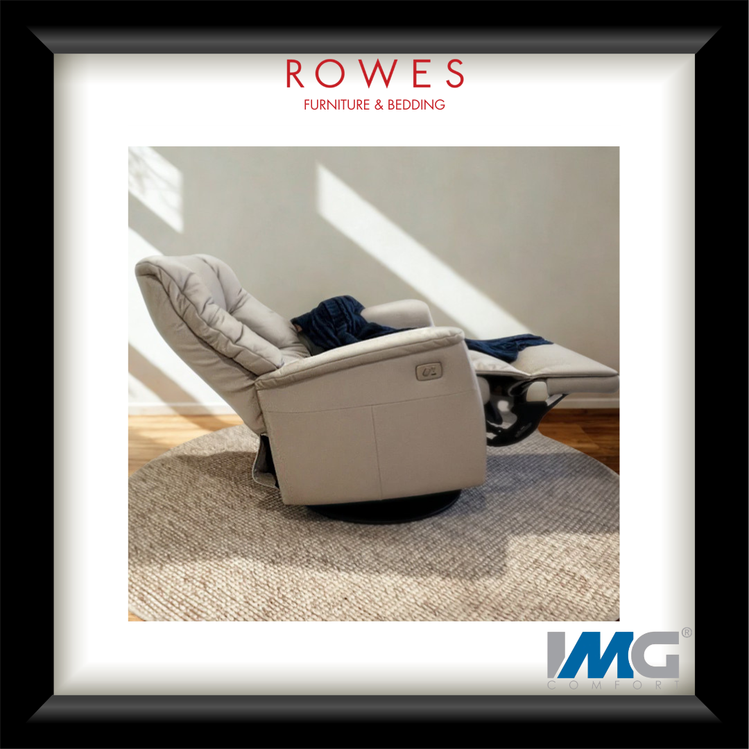 Beige recliner chair in a room with sunlight streaming through a window, branded as Rowes Furniture & Bedding.