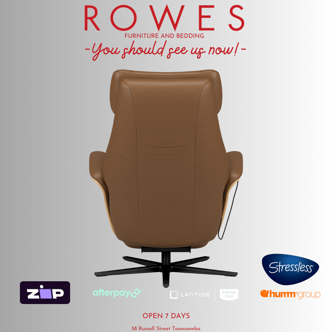 Brown Stressless recliner chair with 'Rowes' branding and product logos on a gray background