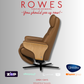 Brown Stressless recliner chair with 'Rowes' branding and product logos on a gray background
