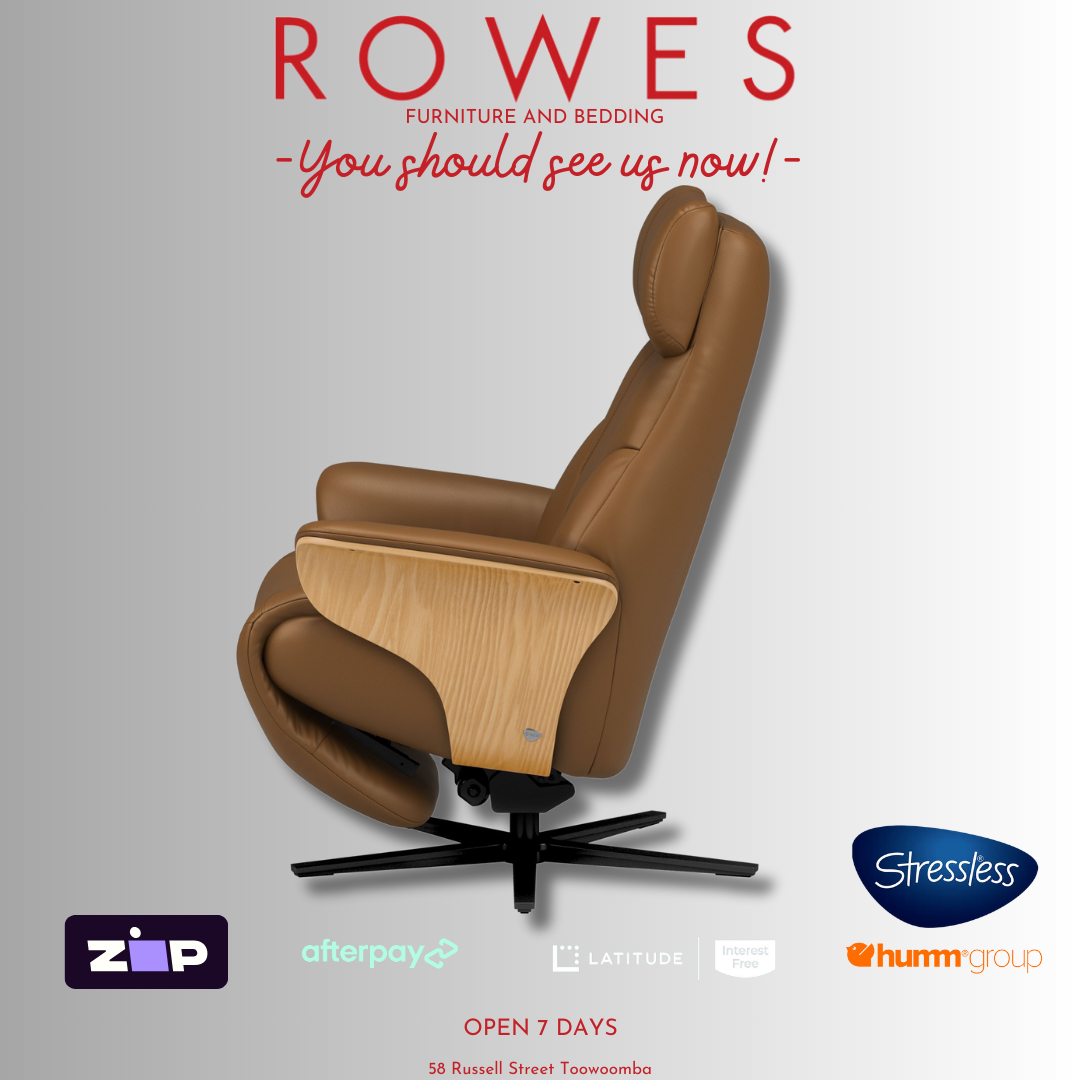 Brown Stressless recliner chair with 'Rowes' branding and product logos on a gray background