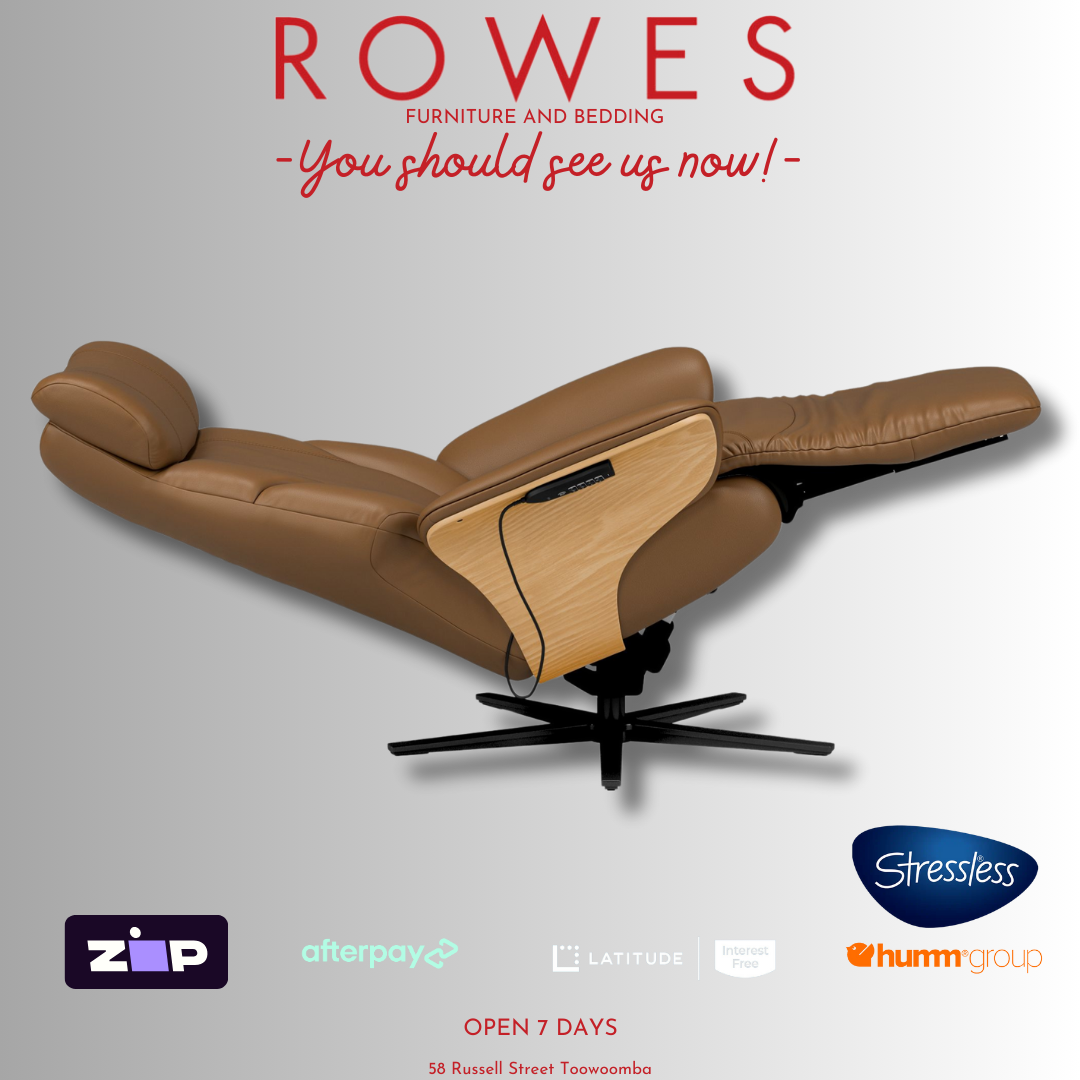 Brown Stressless recliner chair with 'Rowes' branding and product logos on a gray background