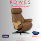 Brown Stressless recliner chair with 'Rowes' branding and product logos on a gray background