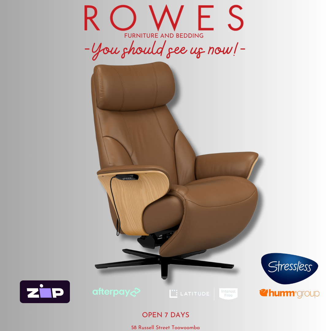 Brown Stressless recliner chair with 'Rowes' branding and product logos on a gray background