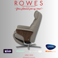 A Grey Stressless recliner chair with 'Rowes' branding and product logos on a gray background