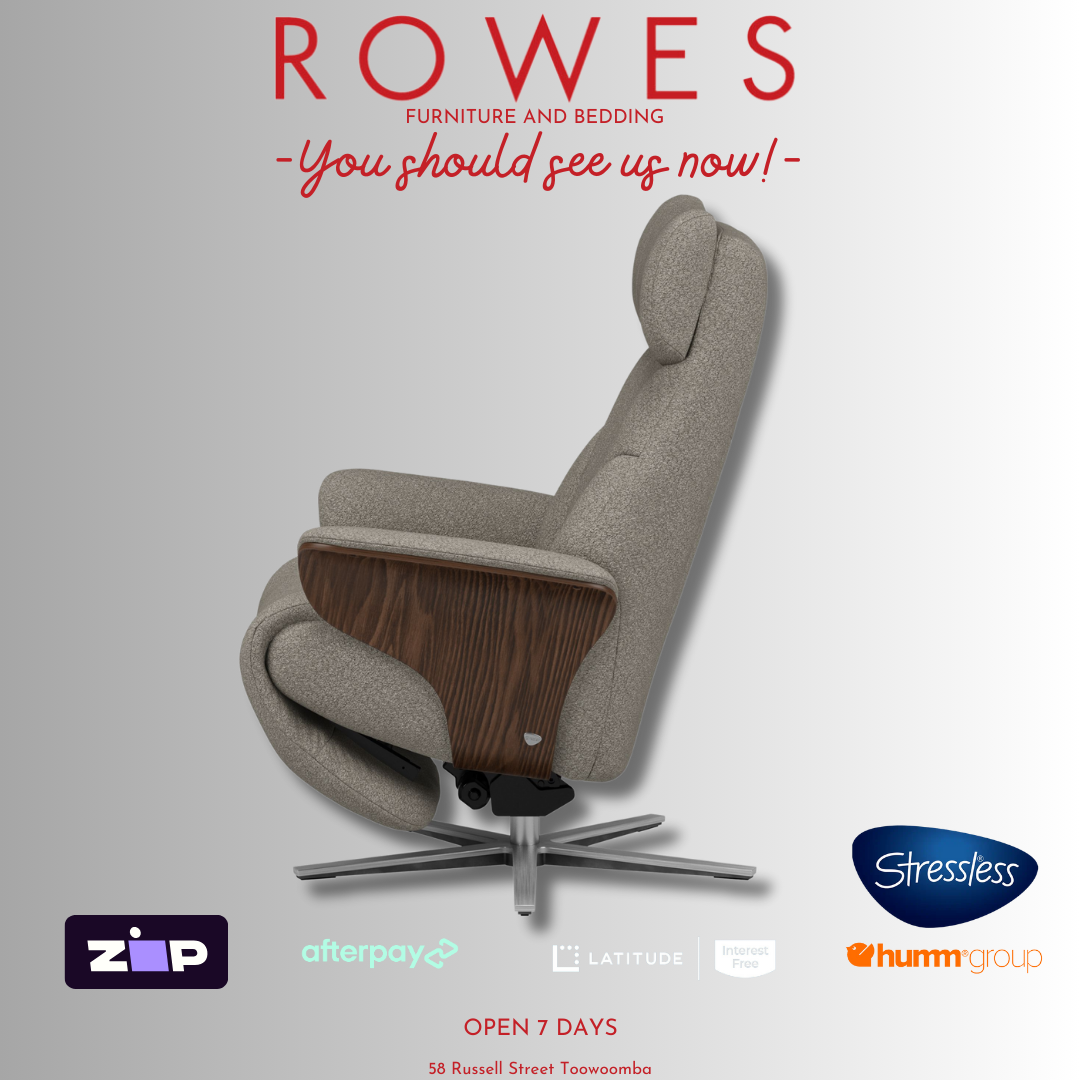 A Grey Stressless recliner chair with 'Rowes' branding and product logos on a gray background