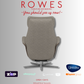 A Grey Stressless recliner chair with 'Rowes' branding and product logos on a gray background