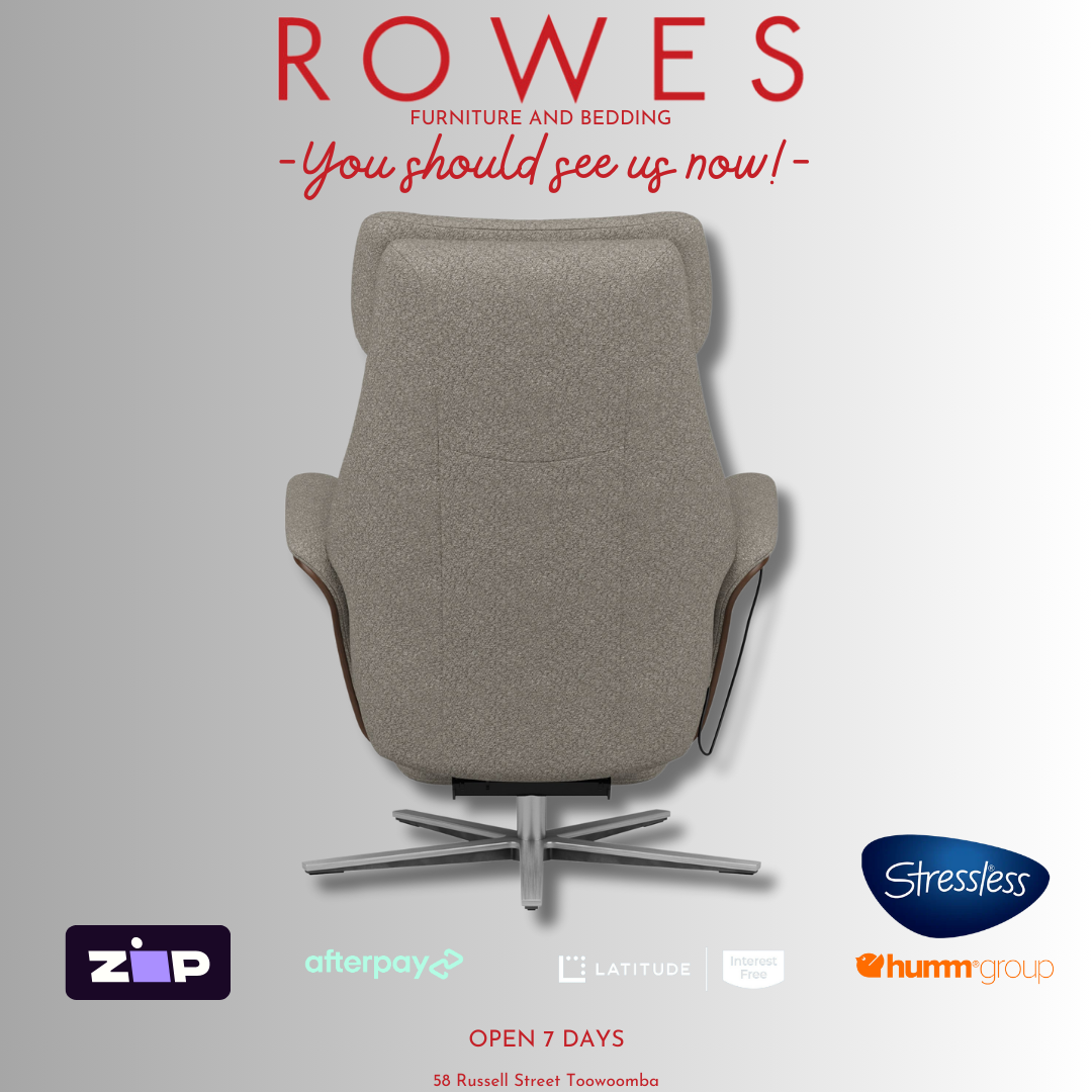 A Grey Stressless recliner chair with 'Rowes' branding and product logos on a gray background