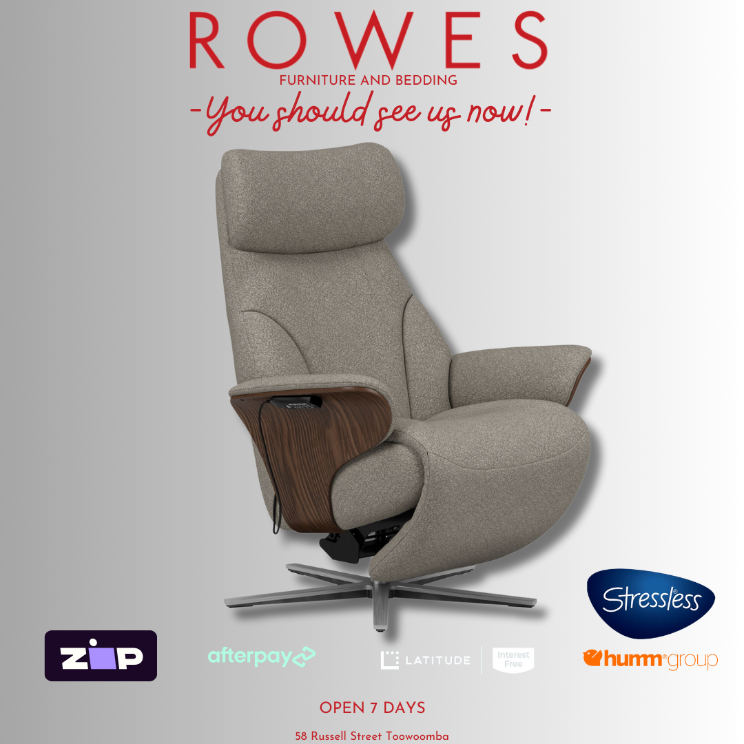 Gray Stressless recliner chair with 'Rowes' branding and product logos on a gray background