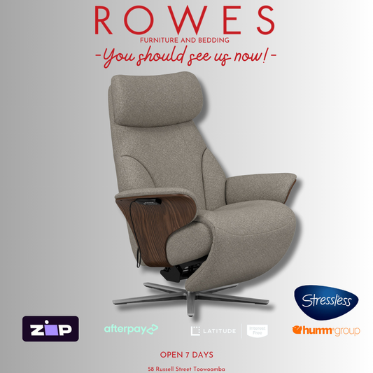 Gray Stressless recliner chair with 'Rowes' branding and product logos on a gray background