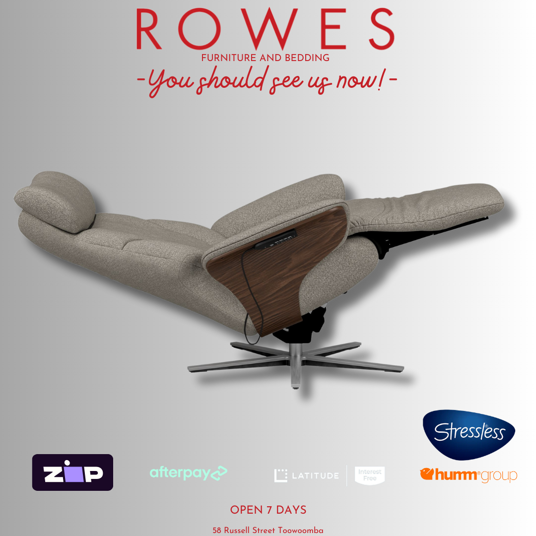 A Grey Stressless recliner chair with 'Rowes' branding and product logos on a gray background