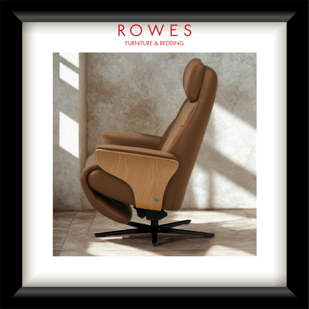 Brown recliner chair in a room with sunlight filtering through a window, branded 'Rowes Furniture & Bedding'.