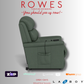 Green recliner chair with promotional text and logos on a gray background